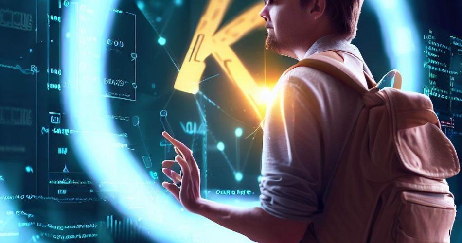 Nybegynner utforsker krypto-verden med fokus på KAVA-tokenet foran et digitalt børsbakgrunn.